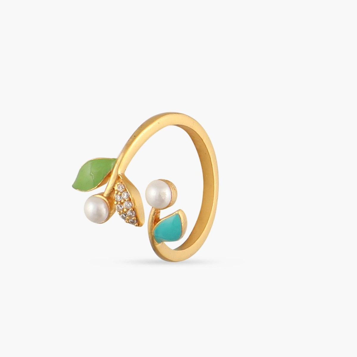 Eriha Pearl Statement CZ Green Leaf Finger Ring