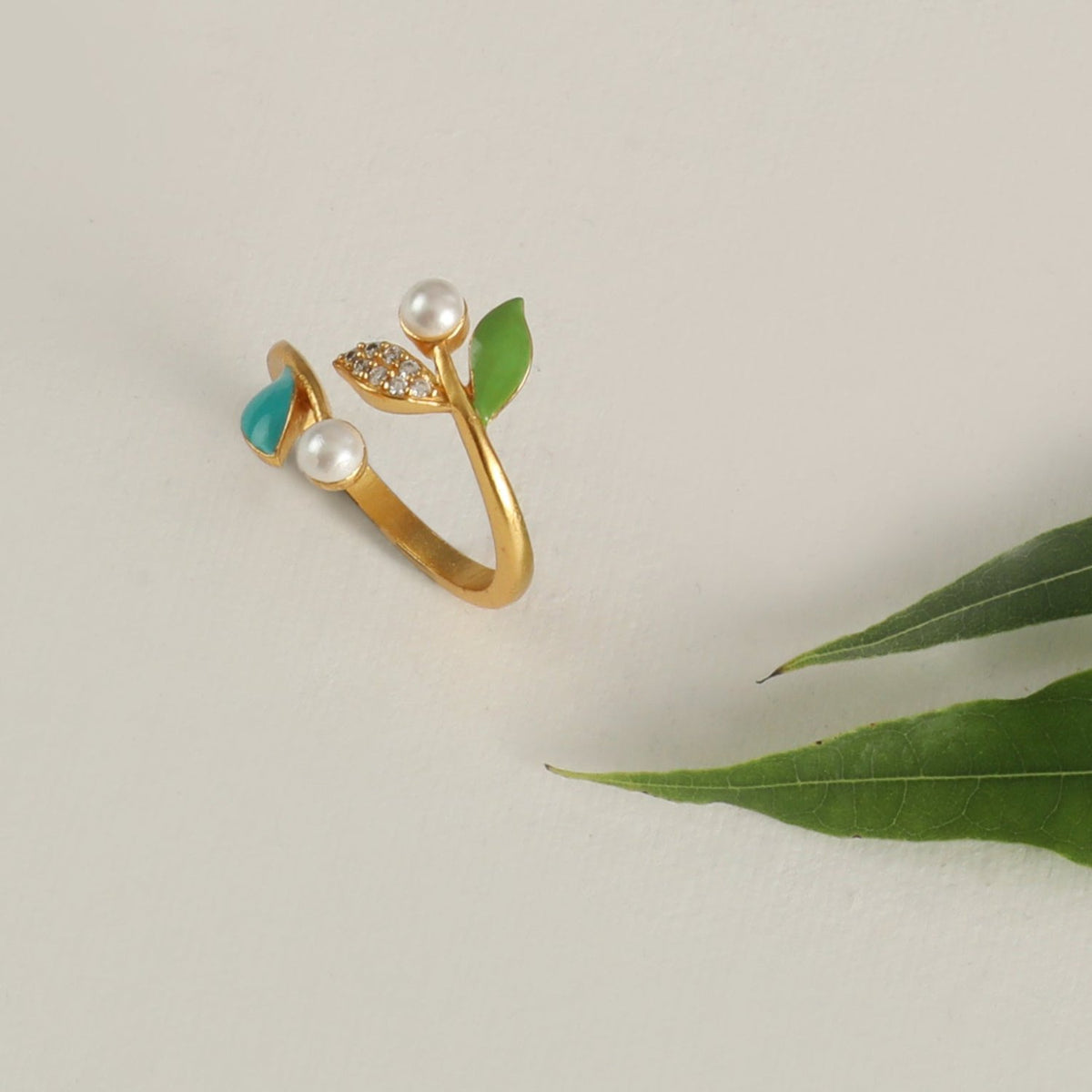 Eriha Pearl Statement CZ Green Leaf Finger Ring