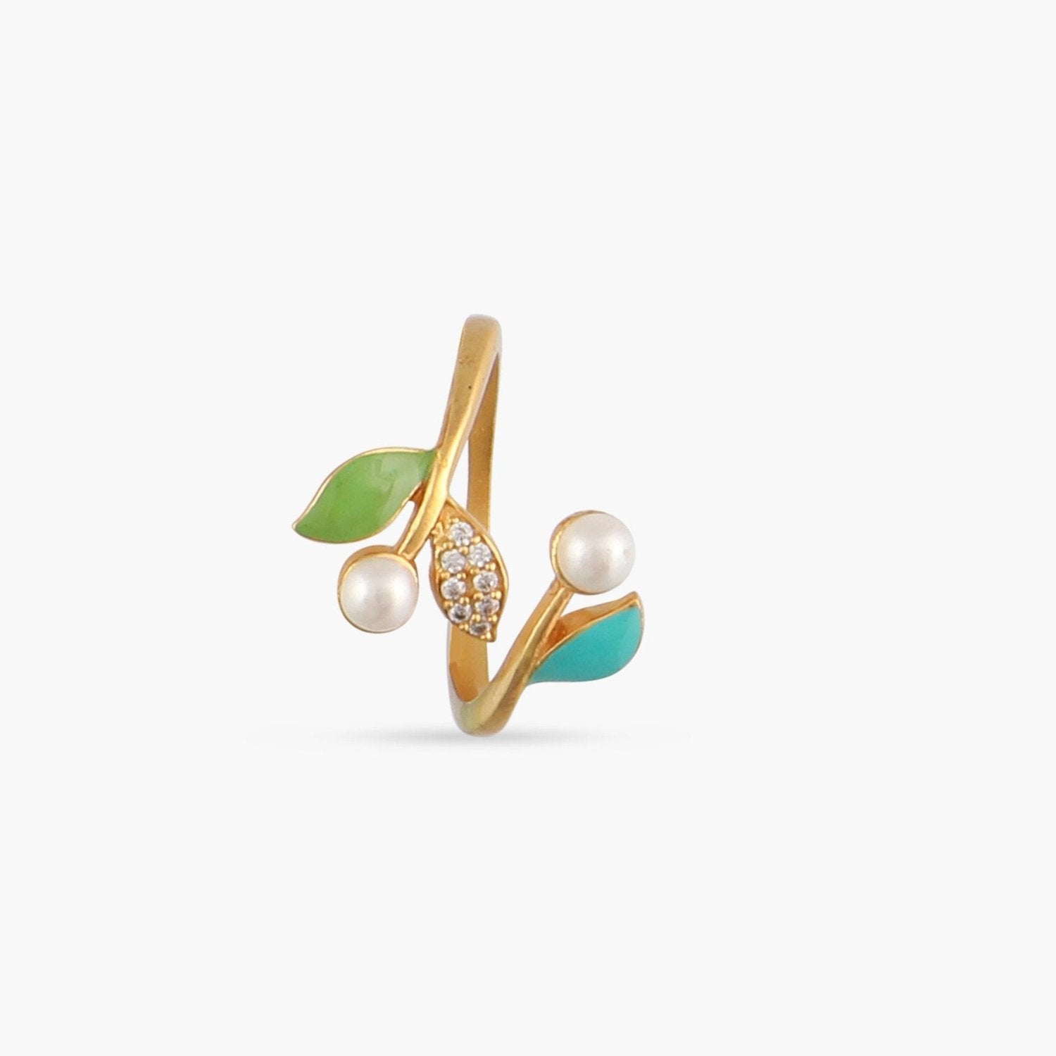 Eriha Pearl Statement CZ Green Leaf Finger Ring