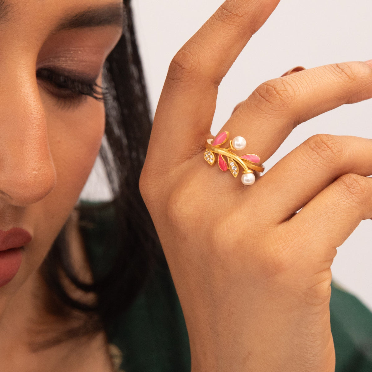 Eriha Pearl Floral CZ Pink Leaf Finger Ring