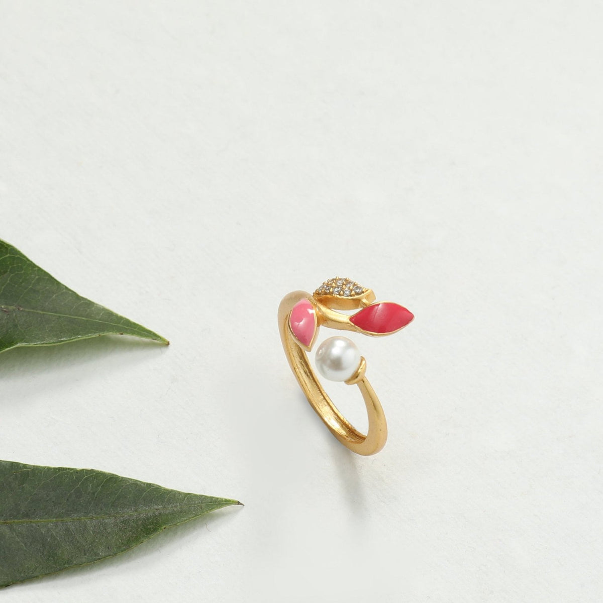 Eriha Pearl CZ Pink Leaf Finger Ring 