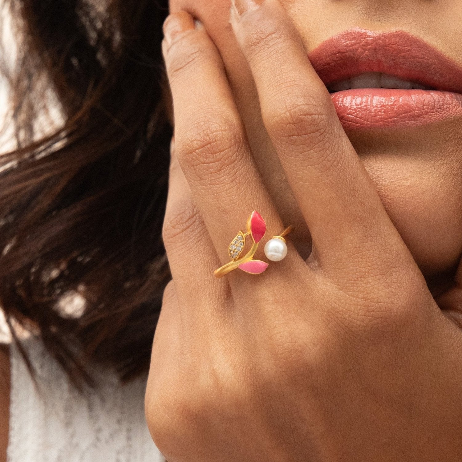 Eriha Pearl CZ Pink Leaf Finger Ring 