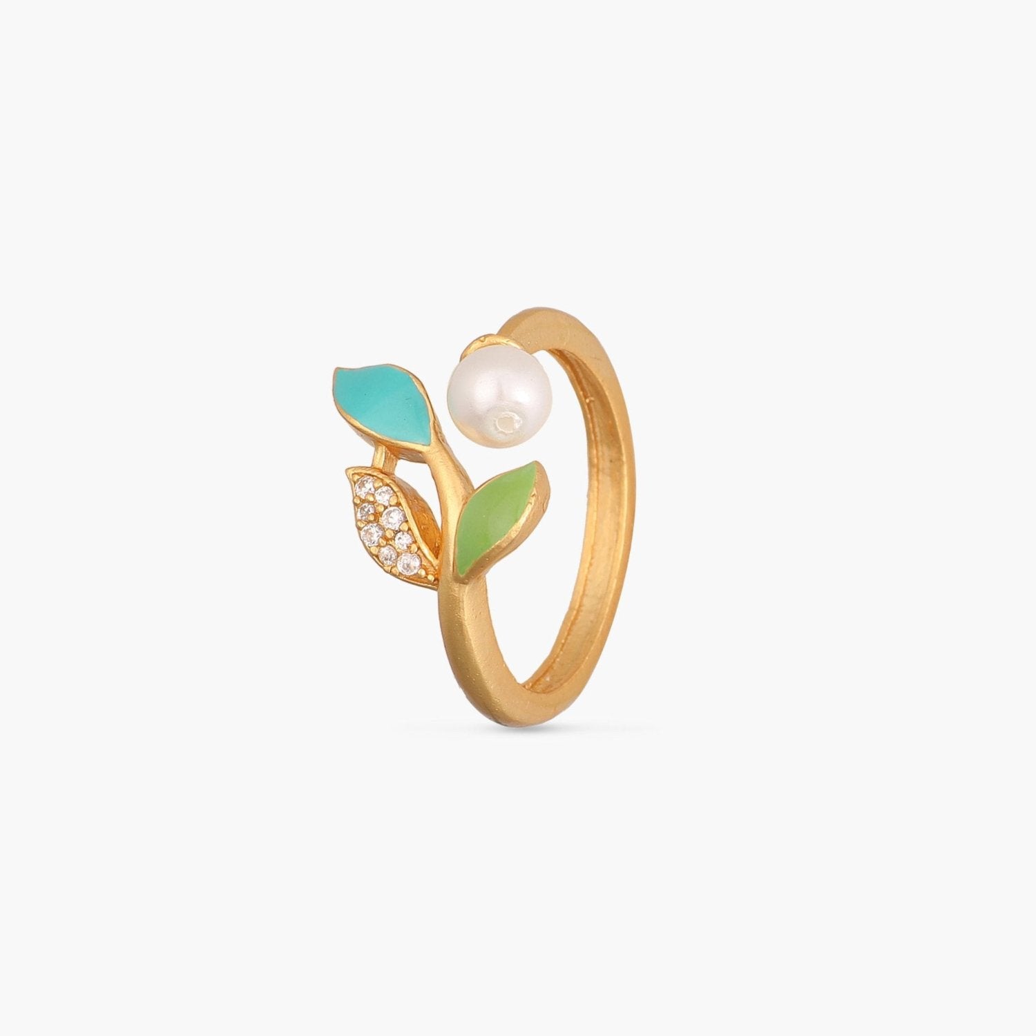 Eriha Pearl CZ Green Leaf Finger Ring