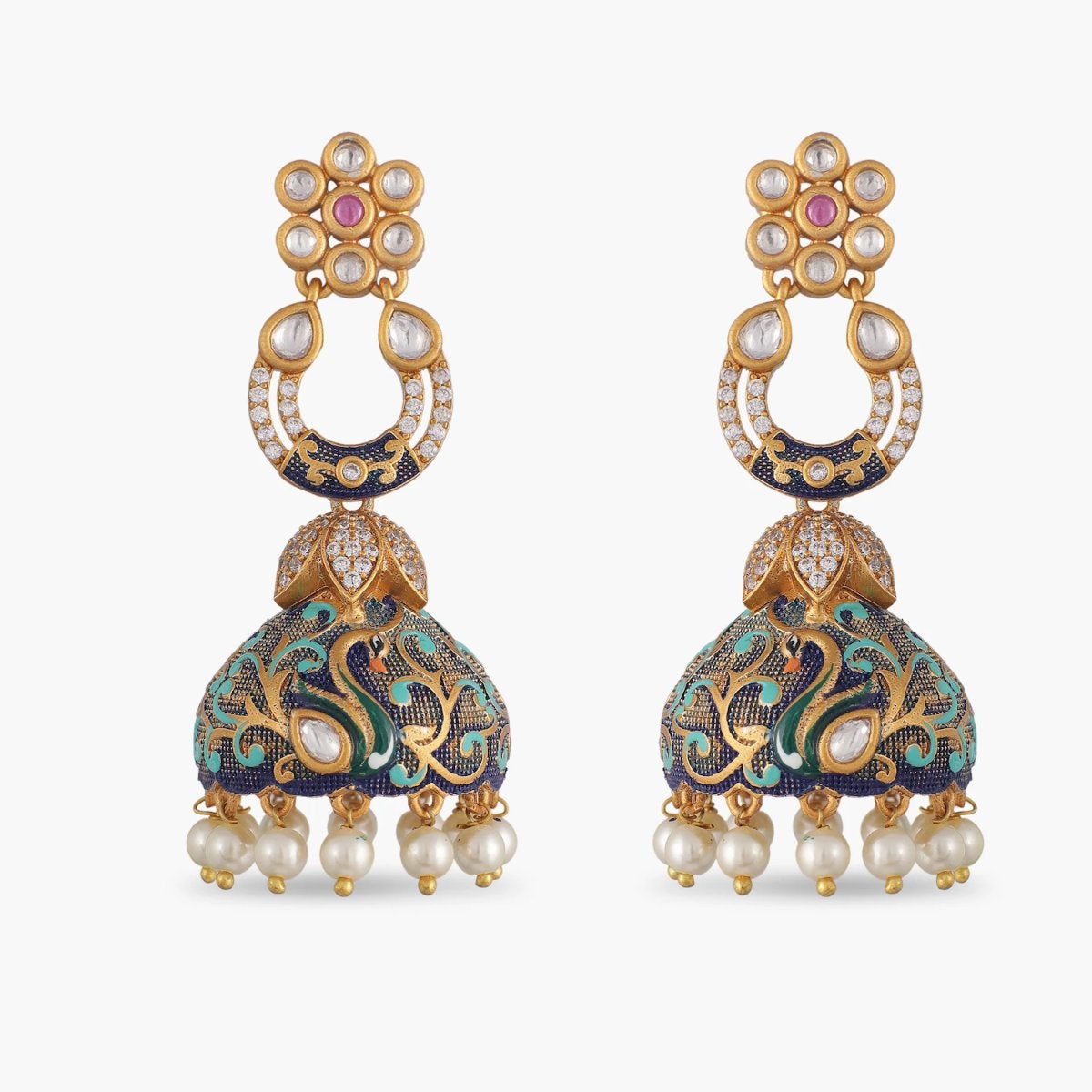 Indian Bollywood Style Blue Enameled Pearl Jhumka Earrings Girls Jewelry Set