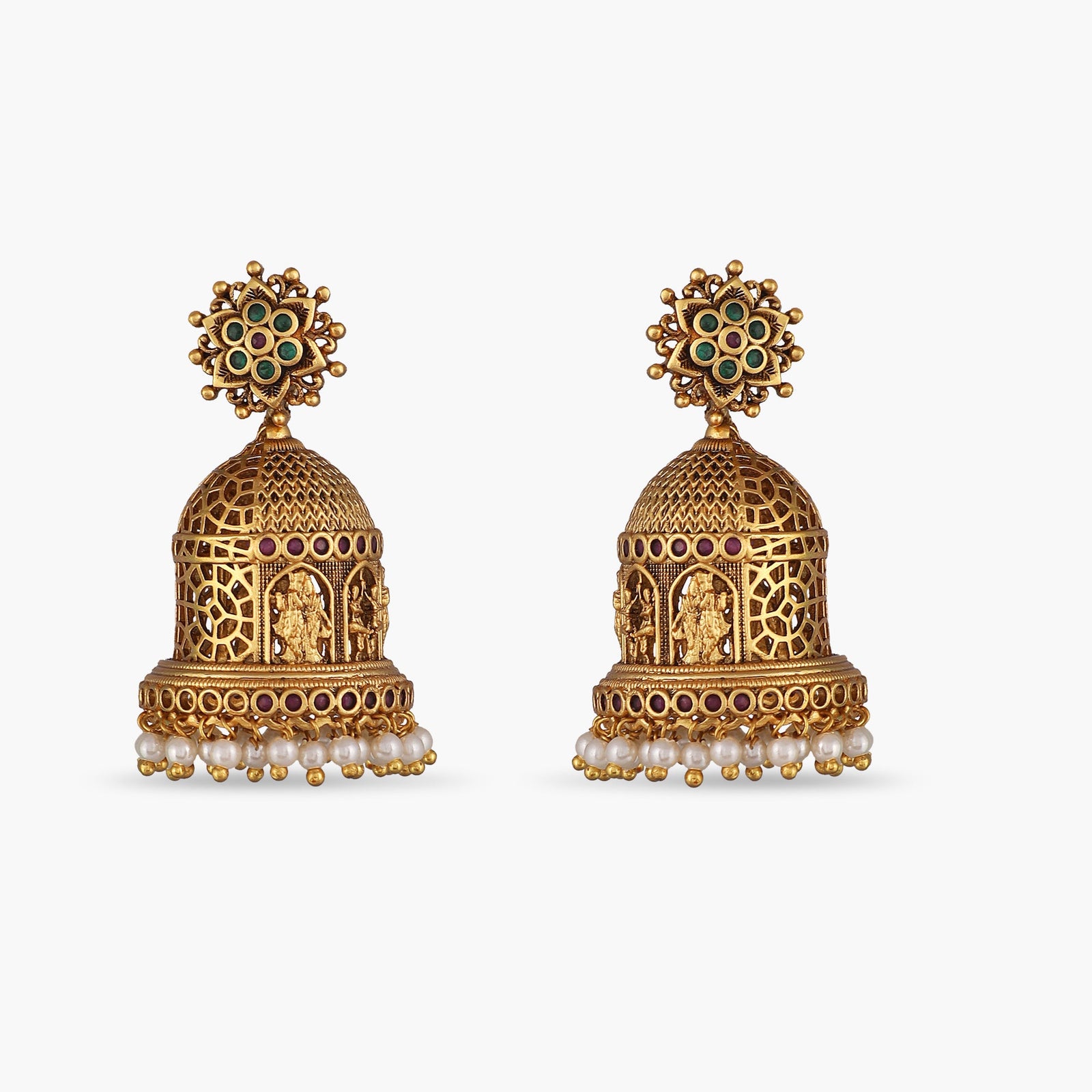 22K Gold Jhumka Earrings - ErFc26082 - US$ 1,862 - 22KT Gold earrings in  layered Jhumkas style with gold balls (ghoogri) hangings at the bottom.  Earrin