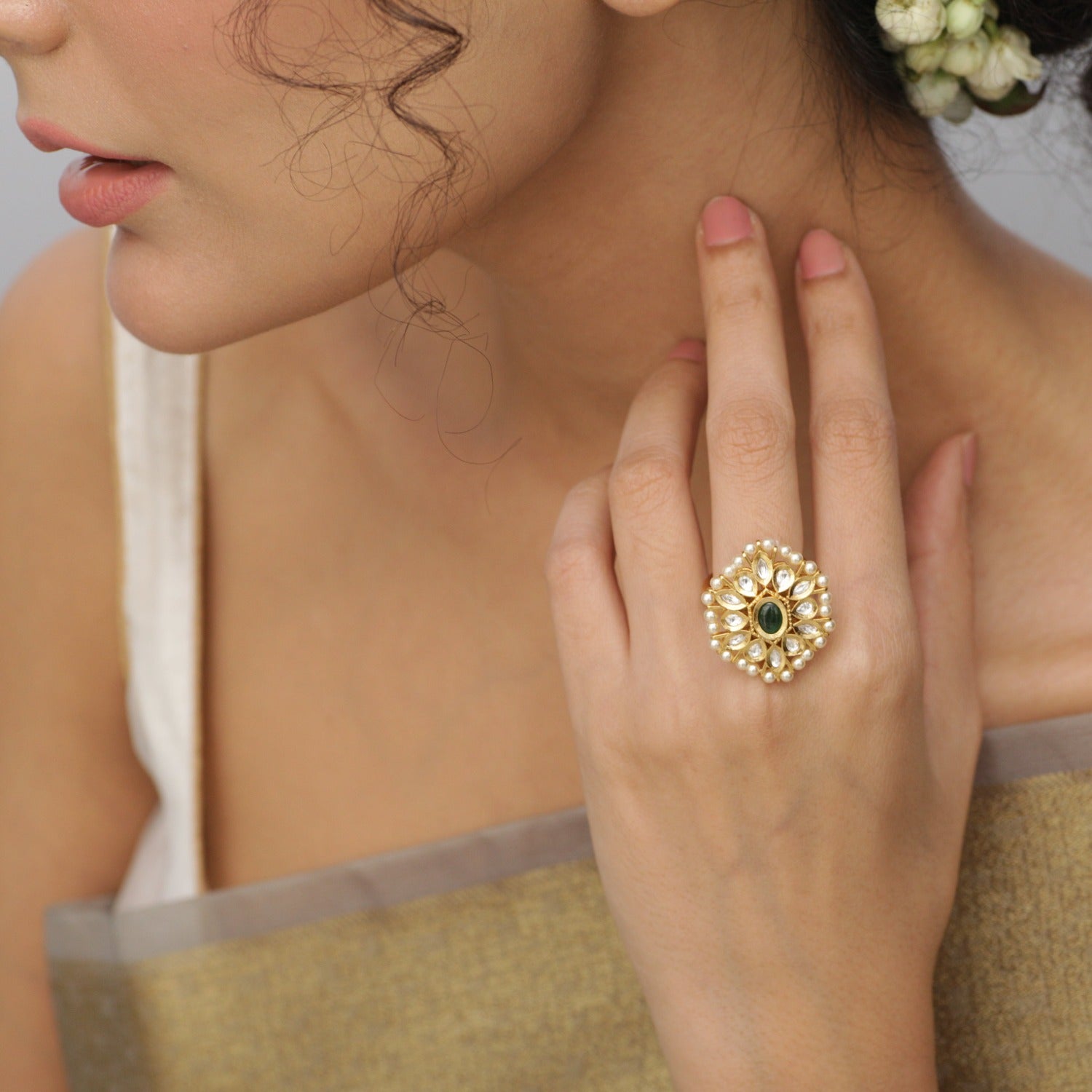 Veerangana Pink Pearls and Kundan Studded Ring – VOYLLA