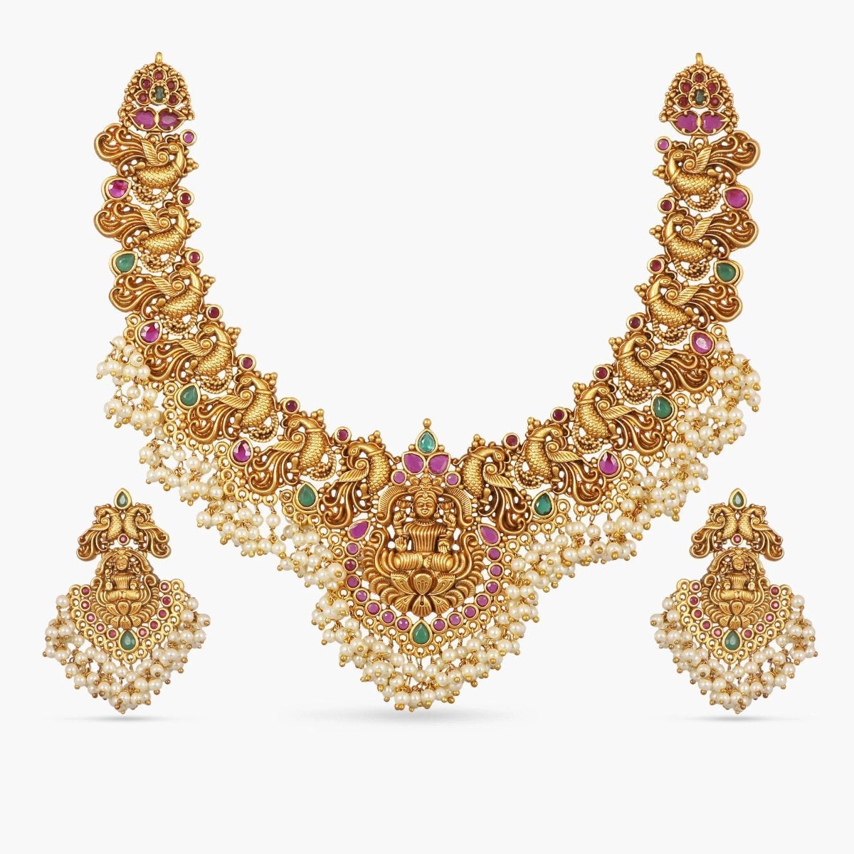 Antique Gold-Plated Antique Indian Jewelry Set with Necklace and Earrings/White Red Green Guttapusalu Necklace Set orders Bridal Temple Jewelry